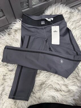 ALO Yoga Charcoal Grey Leggings with Black Stripe